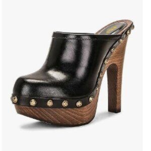 FSJ Black Round Toe Mules Wooden Block High Heel Clogs Slip On Studded Sandals